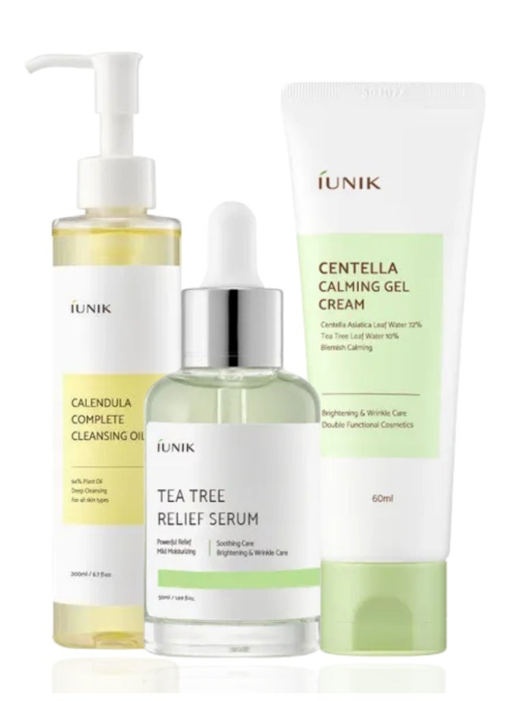iUNIK Acne & Sensitive Skin Relief Set – iUNIK Calendula Cleansing Oil, Tea Tree Serum & Centella Gel Cream for Calming, Clearing & Hydrating - Image 1